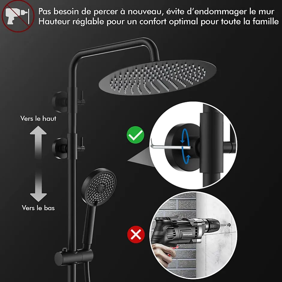 Homelody Colonne de Douche Sans Mitigeur Systeme de Douche Effet Pluie Douchette 3 Fonctions Hauteur Reglable 500 a 1220 mm Inox Noir* Colonne De Douche Sans Robinetterie