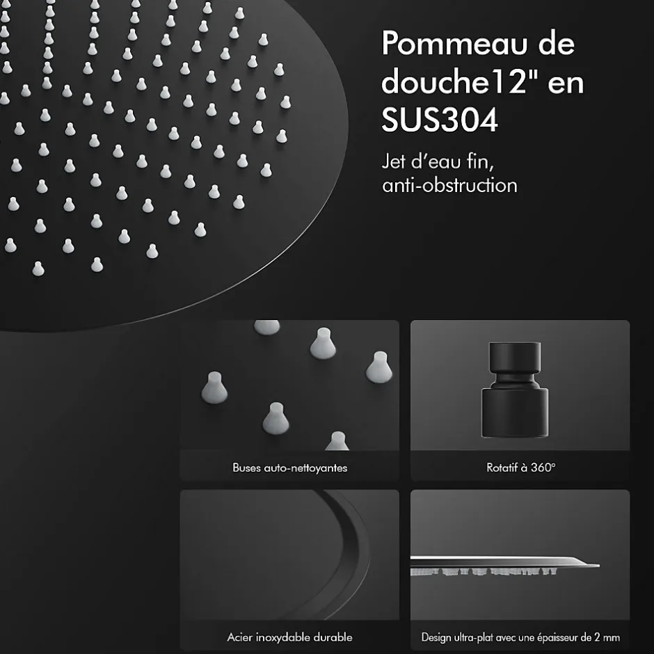 Homelody Colonne de Douche Sans Mitigeur Systeme de Douche Effet Pluie Douchette 3 Fonctions Hauteur Reglable 500 a 1220 mm Inox Noir* Colonne De Douche Sans Robinetterie