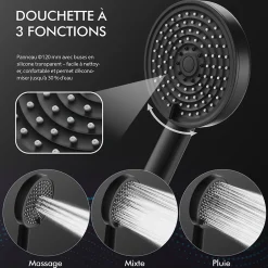 Homelody Colonne de Douche Sans Mitigeur Systeme de Douche Effet Pluie Douchette 3 Fonctions Hauteur Reglable 500 a 1220 mm Inox Noir* Colonne De Douche Sans Robinetterie