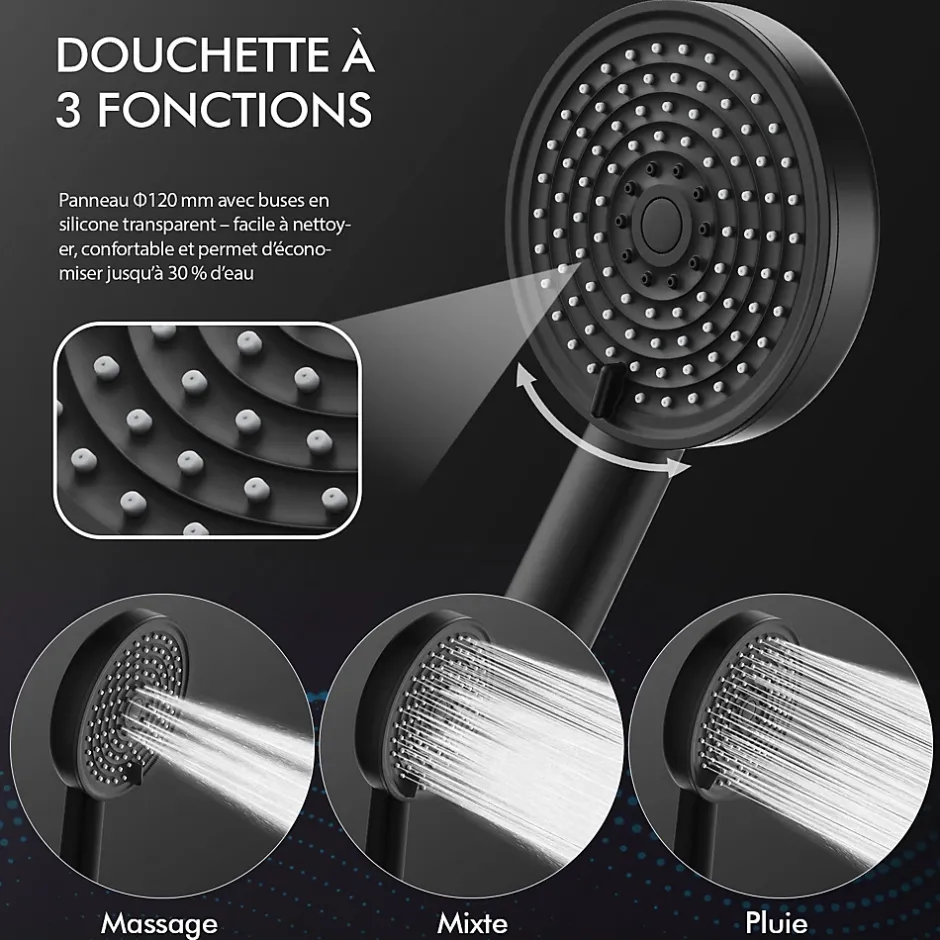 Homelody Colonne de Douche Sans Mitigeur Systeme de Douche Effet Pluie Douchette 3 Fonctions Hauteur Reglable 500 a 1220 mm Inox Noir* Colonne De Douche Sans Robinetterie
