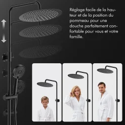 Homelody Colonne de Douche Sans Mitigeur Systeme de Douche Effet Pluie Douchette 3 Fonctions Hauteur Reglable 500 a 1220 mm Inox Noir* Colonne De Douche Sans Robinetterie
