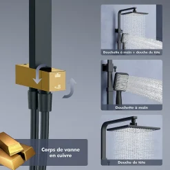 Homelody Colonne de Douche sans Mitigeur Systeme de Douche avec Douchette Set Kit de Douche en Acier Inox Noir Réglable en Hauteur* Colonne De Douche Sans Robinetterie