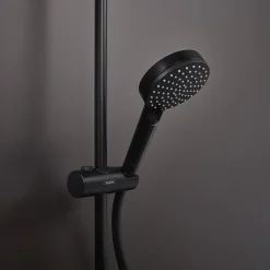 Hansgrohe Colonne de douche sans robinetterie avec pommeau + douchette 2 jets + flexible + barre réglable, noir mat, Vernis Shape* Colonne De Douche Sans Robinetterie