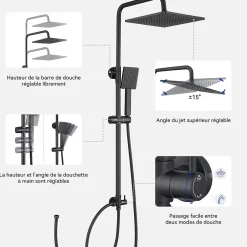 Sofetiy Max Colonne de douche sans robinetterie avec pommeau + douchette+ flexible + barre réglable, Noir