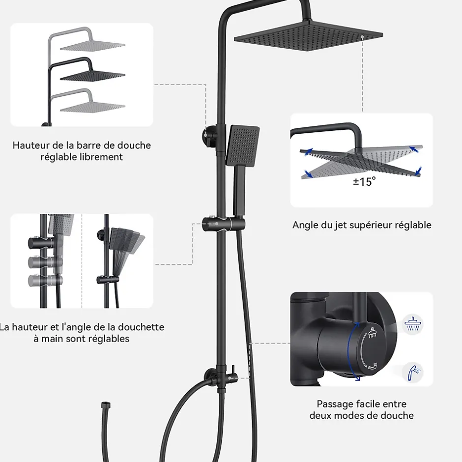 Sofetiy Max Colonne de douche sans robinetterie avec pommeau + douchette+ flexible + barre réglable, Noir