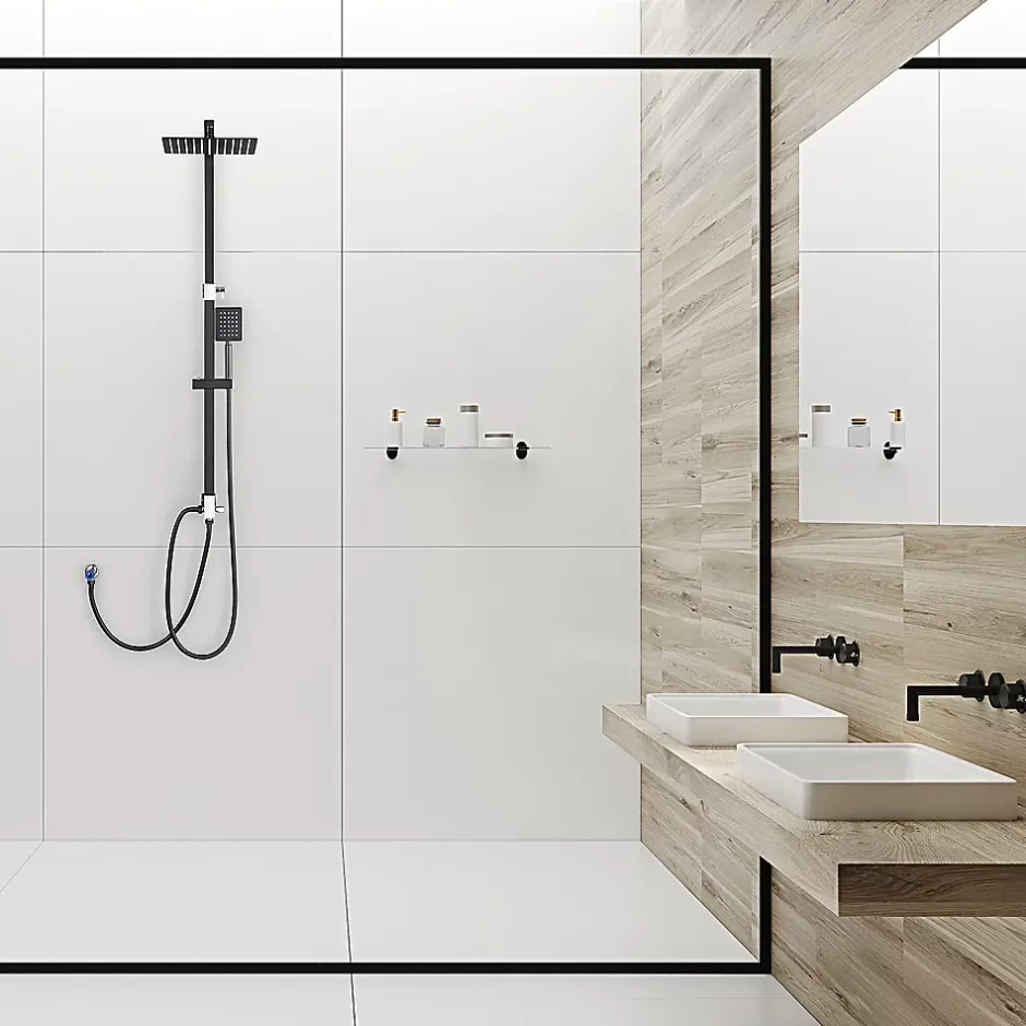 Auralum Max Colonne de douche sans robinetterie avec pommeau + douchette+ flexible + barre réglable, Noir* Robinet De Douche