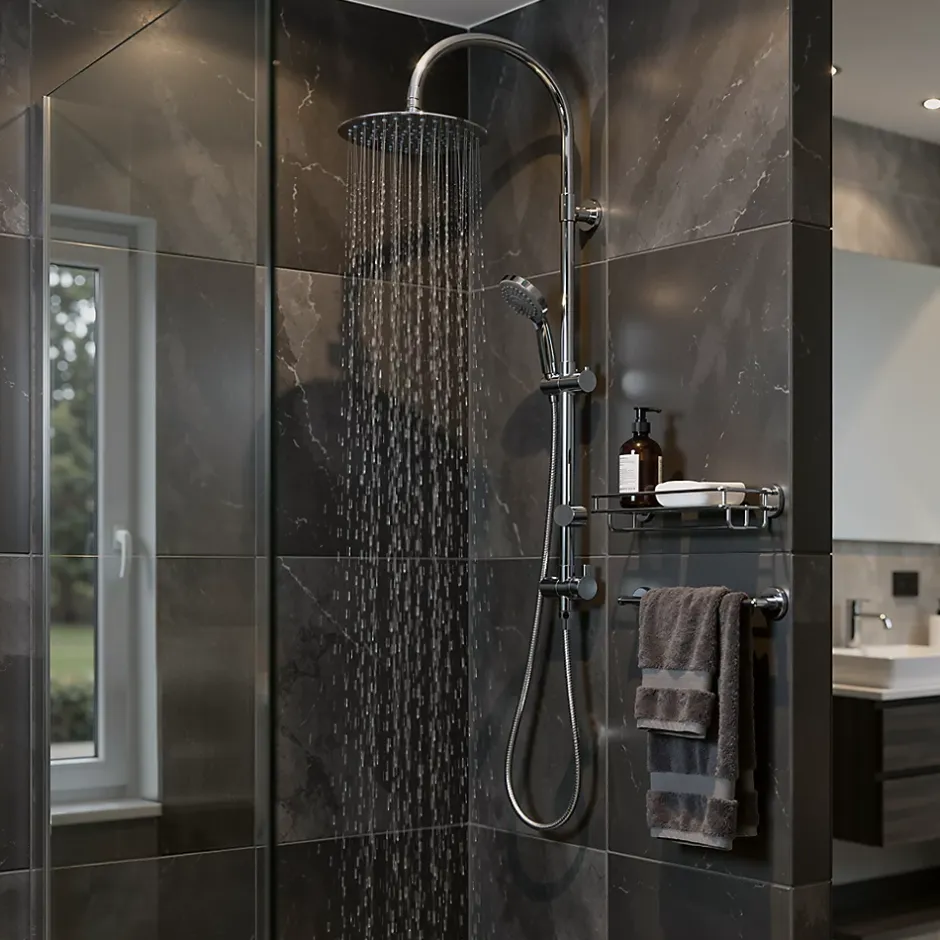 GoodHome Colonne de douche sans robinetterie avec pommeau + barre réglable + douchette 1 jet + flexible chrome Blyth* Colonne De Douche Sans Robinetterie