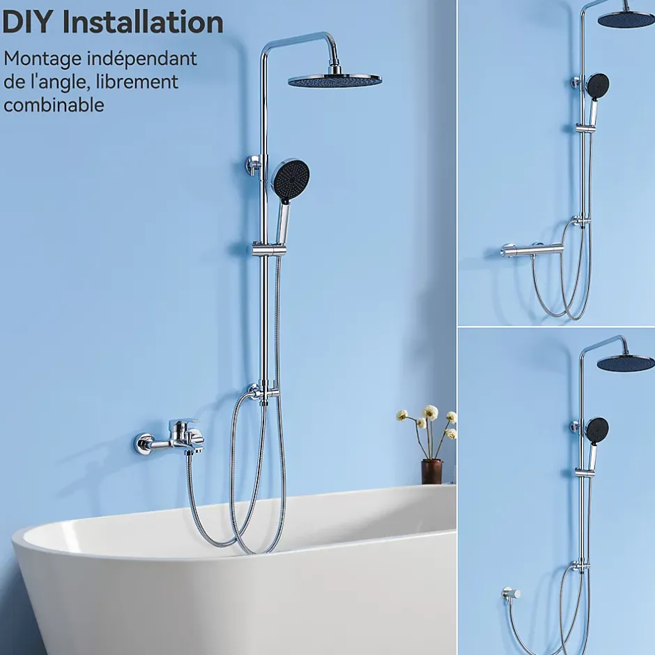 Sofetiy Max Colonne de douche sans robinetterie avec pommeau + douchette 4 jets + flexible + barre réglable, chromé
