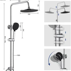 Sofetiy Max Colonne de douche sans robinetterie avec pommeau + douchette 4 jets + flexible + barre réglable, chromé