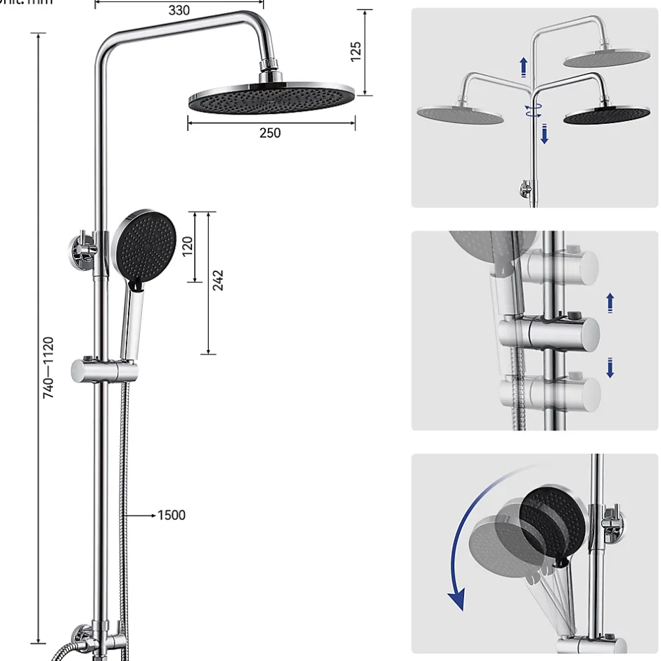 Sofetiy Max Colonne de douche sans robinetterie avec pommeau + douchette 4 jets + flexible + barre réglable, chromé