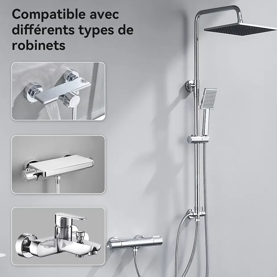 Auralum Max Colonne de douche sans robinetterie avec pommeau + douchette + flexible + barre réglable, chromé