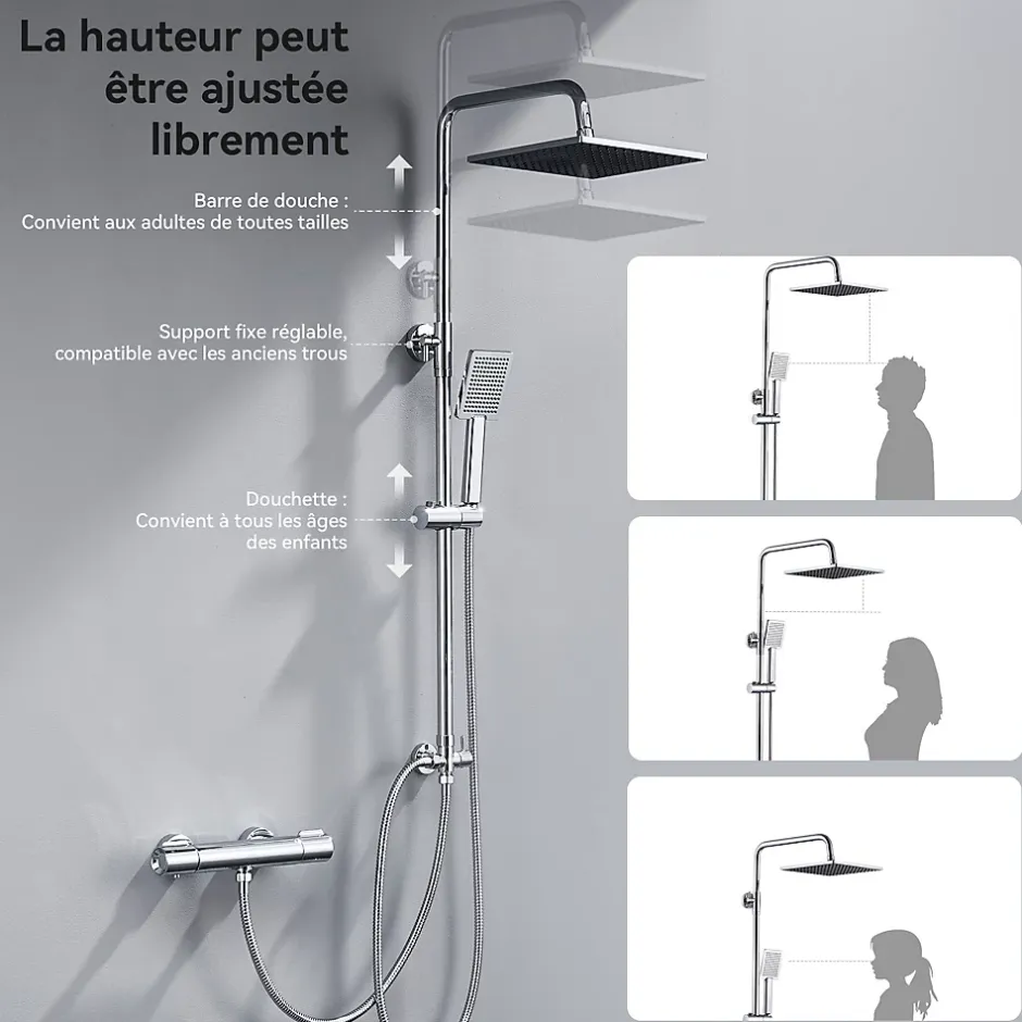 Auralum Max Colonne de douche sans robinetterie avec pommeau + douchette + flexible + barre réglable, chromé