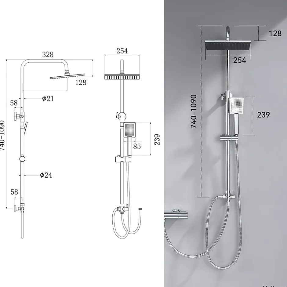Auralum Max Colonne de douche sans robinetterie avec pommeau + douchette + flexible + barre réglable, chromé