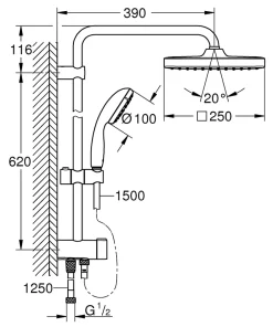 Grohe Colonne de douche sans robinetterie avec pommeau + douchette 1 jet + flexible + barre réglable Vitalio Start 250 Cube
