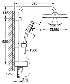 Grohe Colonne de douche sans robinetterie avec douchette + pommeau + flexible + barre, chrome carré, Vitalio Start 250* Colonne De Douche Sans Robinetterie
