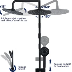 Homelody Colonne de Douche sans Robinetterie Effet Pluie avec Douchette 3 Fonctions Noir pour Salle de Bain* Colonne De Douche Sans Robinetterie