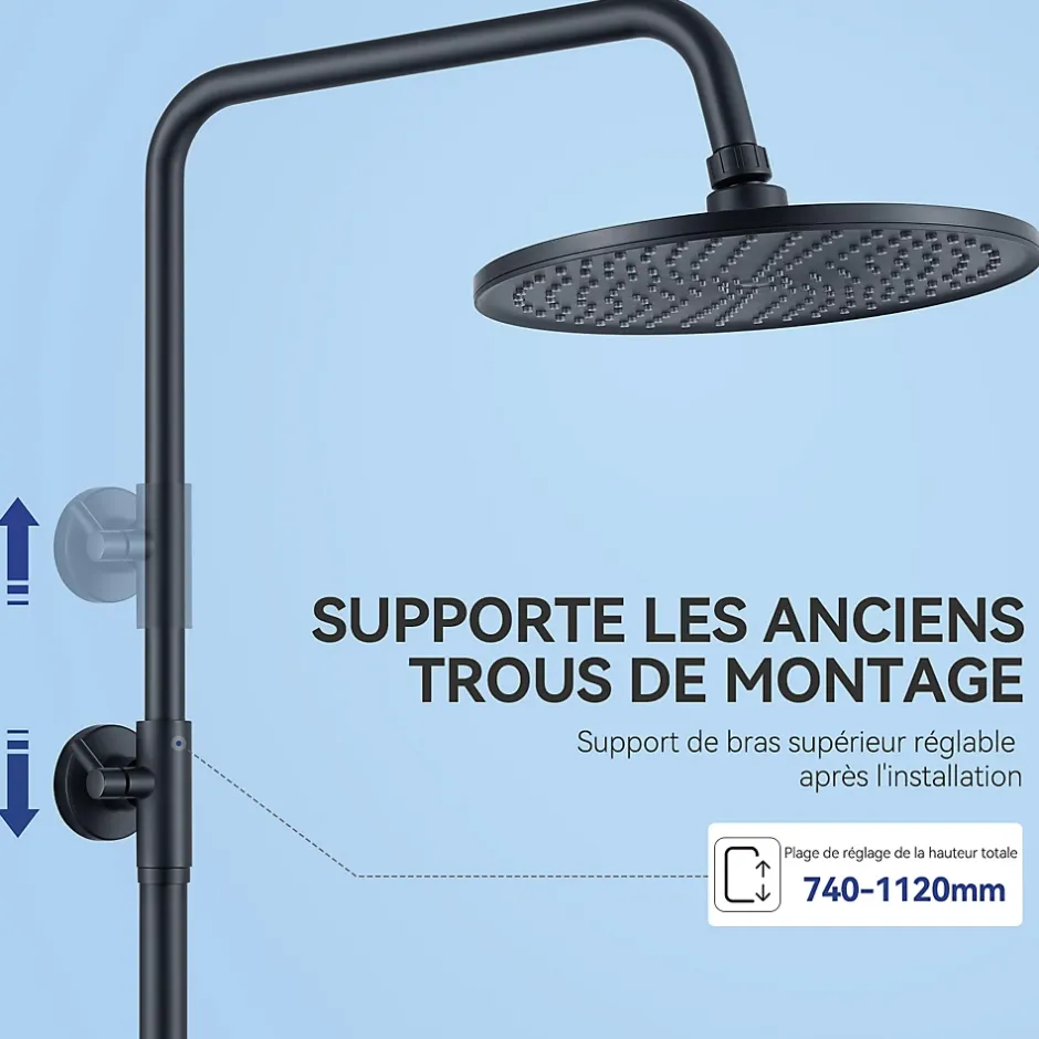 Sofetiy Max Colonne de douche sans robinetterie avec pommeau + douchette 4 jets + flexible + barre réglable, Noir* Colonne De Douche Sans Robinetterie