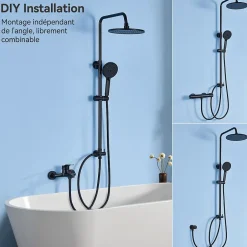 Sofetiy Max Colonne de douche sans robinetterie avec pommeau + douchette 4 jets + flexible + barre réglable, Noir* Colonne De Douche Sans Robinetterie