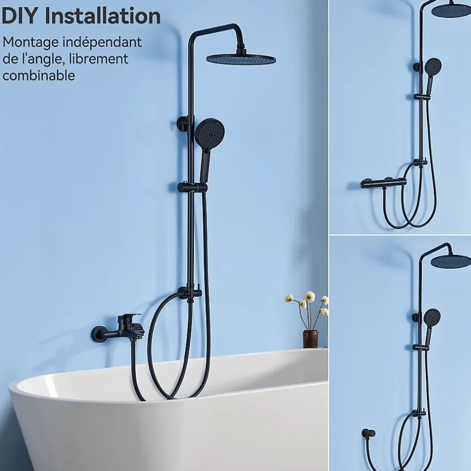 Sofetiy Max Colonne de douche sans robinetterie avec pommeau + douchette 4 jets + flexible + barre réglable, Noir* Colonne De Douche Sans Robinetterie