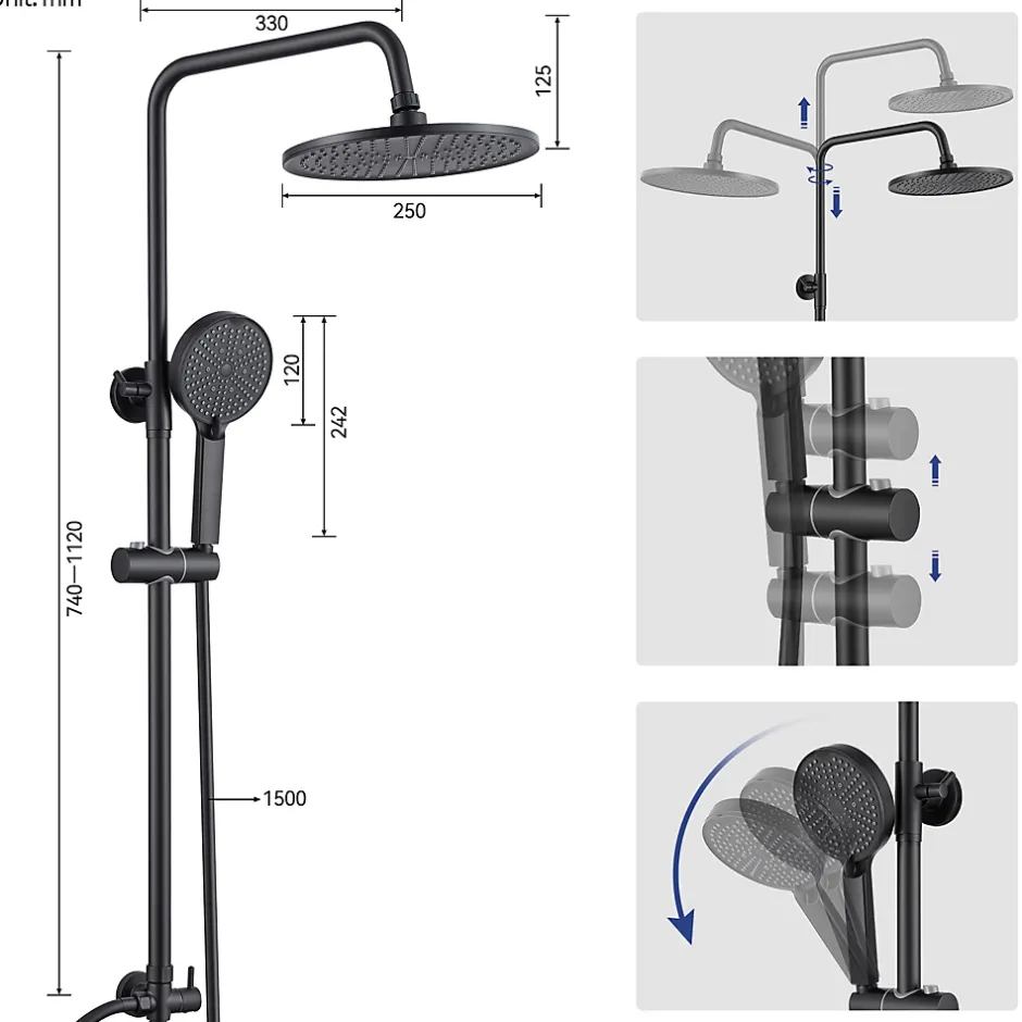 Sofetiy Max Colonne de douche sans robinetterie avec pommeau + douchette 4 jets + flexible + barre réglable, Noir* Colonne De Douche Sans Robinetterie
