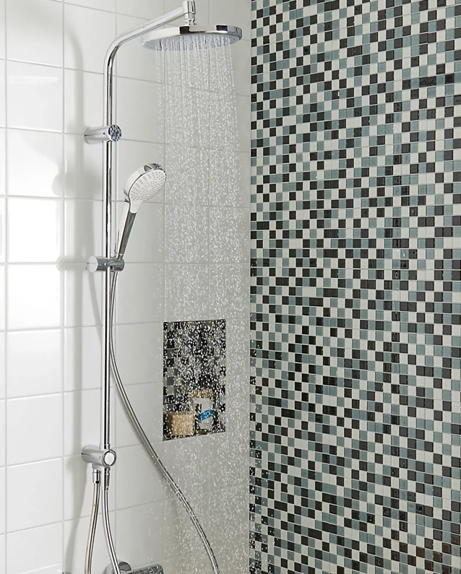 Hansgrohe Colonne de douche sans robinetterie avec douchette 3 jets + flexible + barre réglable, chrome, Reno 220 surface* Colonne De Douche Sans Robinetterie