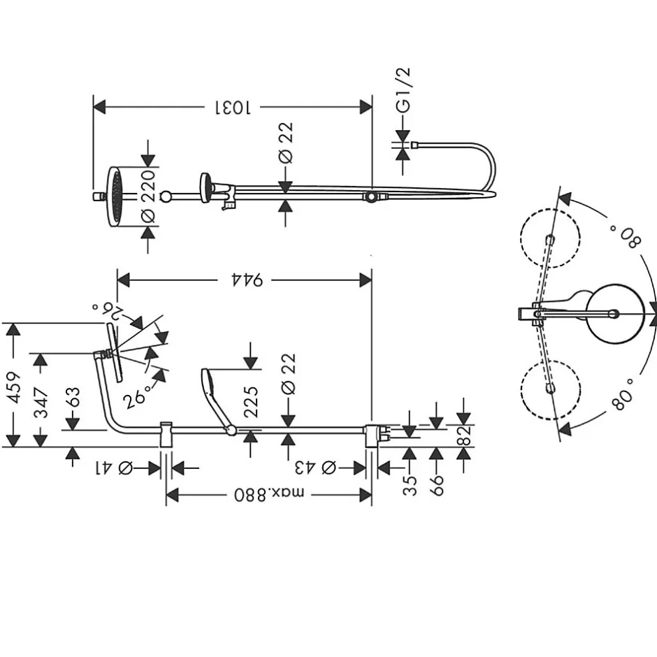 Hansgrohe Colonne de douche sans robinetterie avec douchette 3 jets + flexible + barre réglable, chrome, Reno 220 surface* Colonne De Douche Sans Robinetterie
