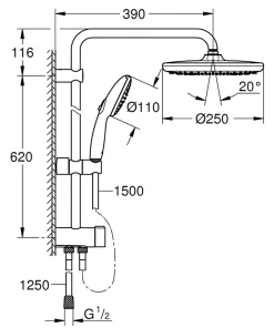 Grohe Colonne de douche sans robinetterie avec douchette + pommeau + flexible + barre, chrome rond, Vitalio Start 250