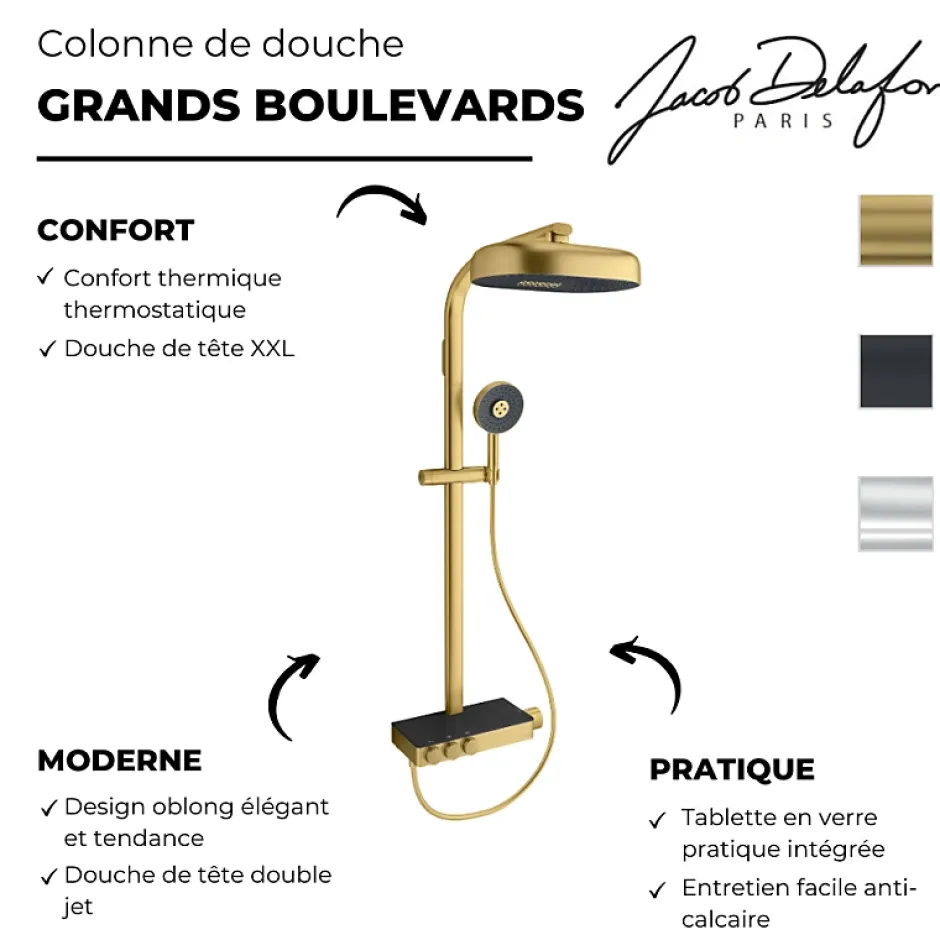 Jacob Delafon Colonne de douche thermostatique Grands Boulevards avec tablette en verre laiton brossé