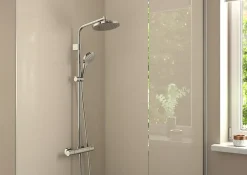 Hansgrohe Colonne de douche thermostatique avec pommeau + douchette 3 jets + flexible + barre réglable, chrome, Waterforms 220* Colonne De Douche Thermostatique