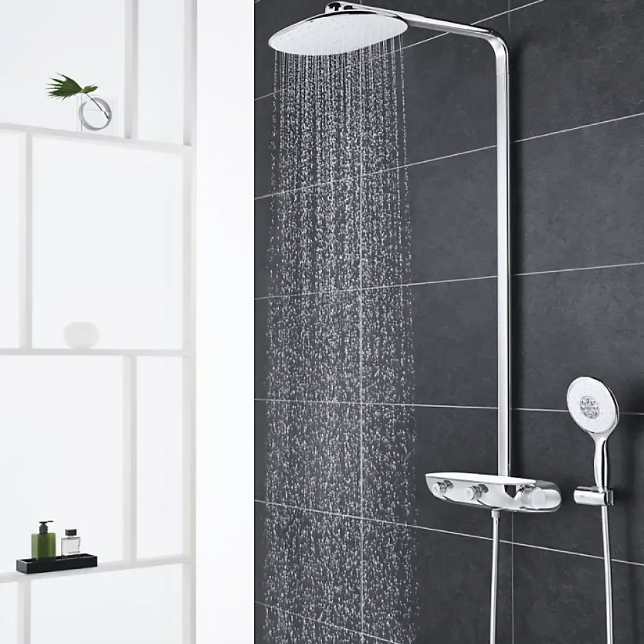 Grohe Colonne de douche thermostatique Rainshower System SmartControl Mono 360 Blanc/chromé + Tablette douche d'angle Start Cube