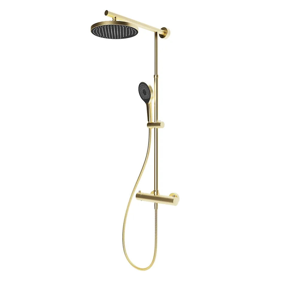 Schulte Colonne de douche thermostatique avec pommeau + douchette + flexible + barre réglable, coloris doré, Rain