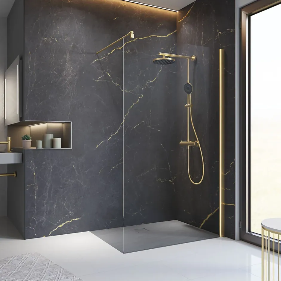 Schulte Colonne de douche thermostatique avec pommeau + douchette + flexible + barre réglable, coloris doré, Rain