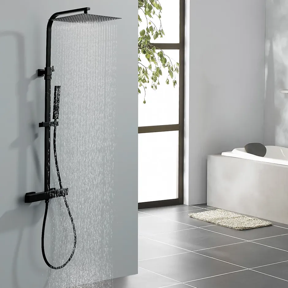 Homelody Colonne de Douche Thermostatique Noir Ensemble de Douche Corps en Laiton Hauteur Réglable 855-1105mm Système de Douche* Colonne De Douche Thermostatique