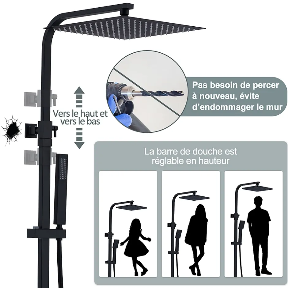 Homelody Colonne de Douche Thermostatique Noir Ensemble de Douche Corps en Laiton Hauteur Réglable 855-1105mm Système de Douche* Colonne De Douche Thermostatique