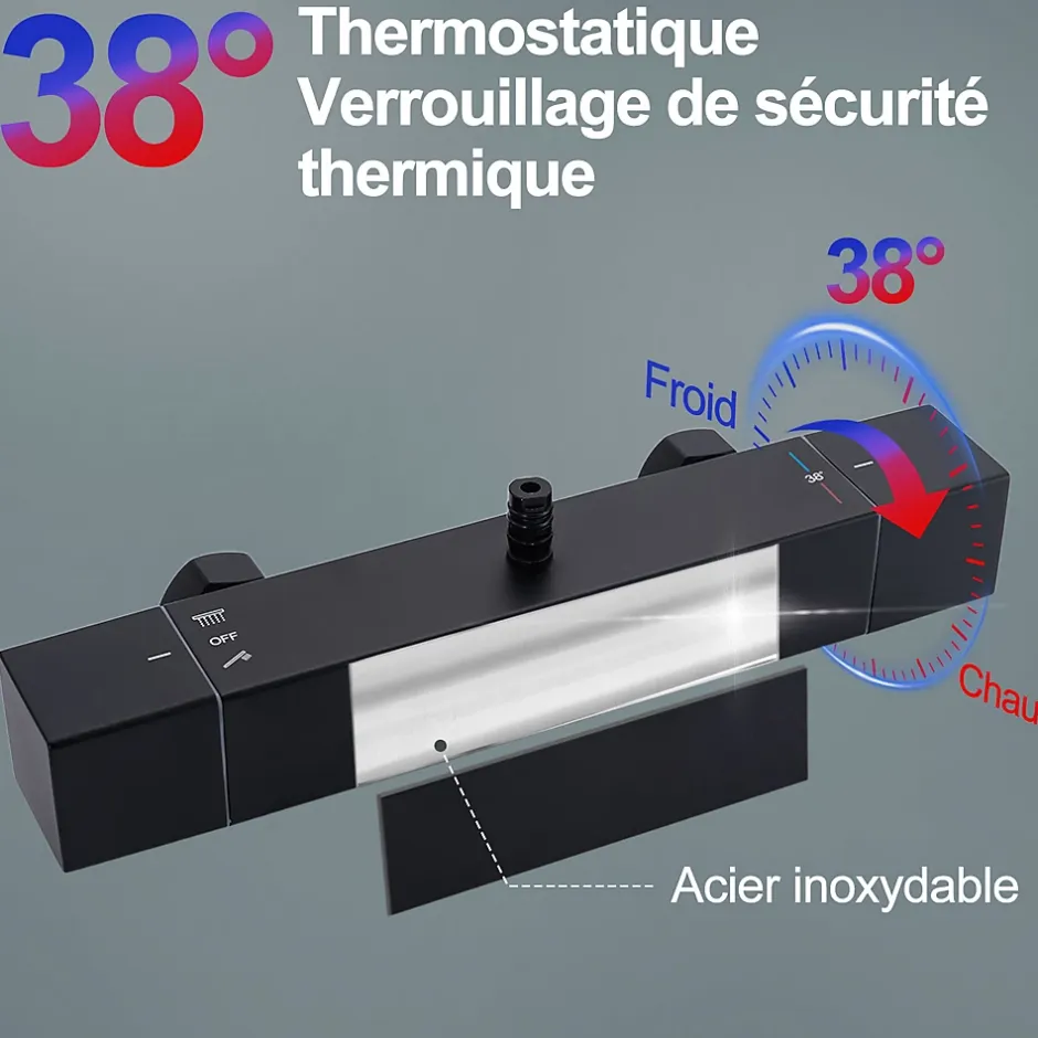 Homelody Colonne de Douche Thermostatique Noir Ensemble de Douche Corps en Laiton Hauteur Réglable 855-1105mm Système de Douche* Colonne De Douche Thermostatique