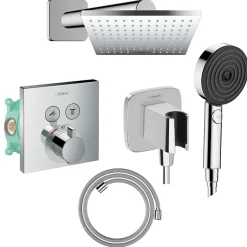 Hansgrohe Colonne de douche thermostatique ShowerSelect E Douche de tête Vernis Shape Flexible Designflex Douchette Pulsify chromé