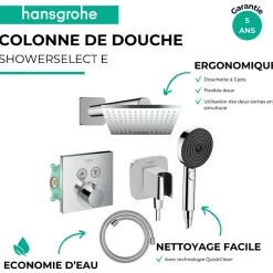 Hansgrohe Colonne de douche thermostatique ShowerSelect E Douche de tête Vernis Shape Flexible Designflex Douchette Pulsify chromé