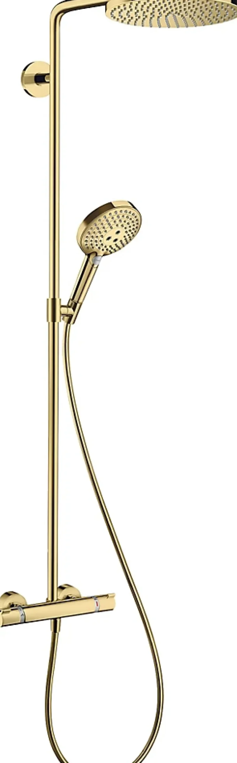 Hansgrohe Colonne de douche thermostatique avec pommeau + douchette 1 jet + flexible + barre réglable, doré, Raindance Select S 240 PowderRain