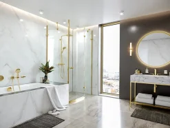 Hansgrohe Colonne de douche thermostatique avec pommeau + douchette 1 jet + flexible + barre réglable, doré, Raindance Select S 240 PowderRain