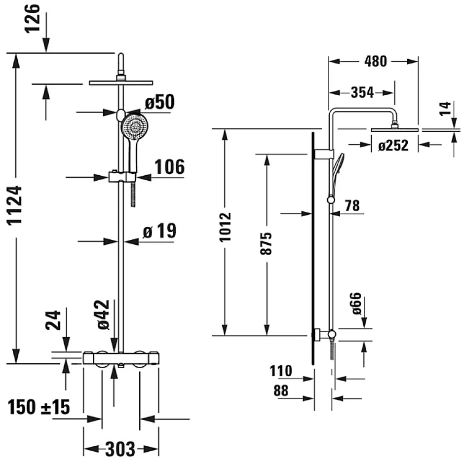 Duravit Colonne de douche thermostatique MinusFlow noir mat* Colonne De Douche Thermostatique