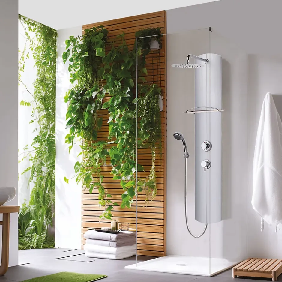 Valentin Colonne de douche thermostatique avec tablette, pomme de tête, douchette et flexible, en aluminium anodisé gris, Totmy