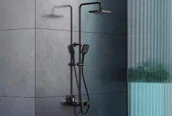 Bernstein Colonne de douche thermostatique hauteur réglable design + tablette acier inox + mitigeur et pommeau Carrés - Noir mat - BS371* Colonne De Douche Thermostatique