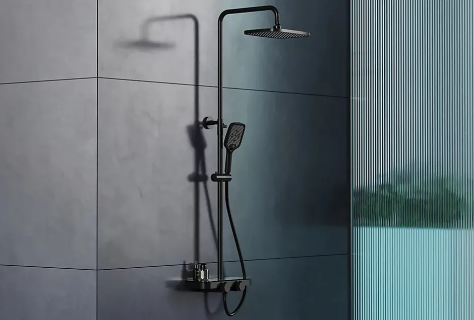 Bernstein Colonne de douche thermostatique hauteur réglable design + tablette acier inox + mitigeur et pommeau Carrés - Noir mat - BS371* Colonne De Douche Thermostatique