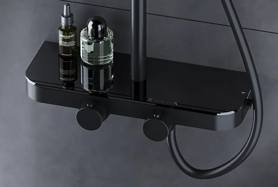 Bernstein Colonne de douche thermostatique hauteur réglable design + tablette acier inox + mitigeur et pommeau Carrés - Noir mat - BS371* Colonne De Douche Thermostatique