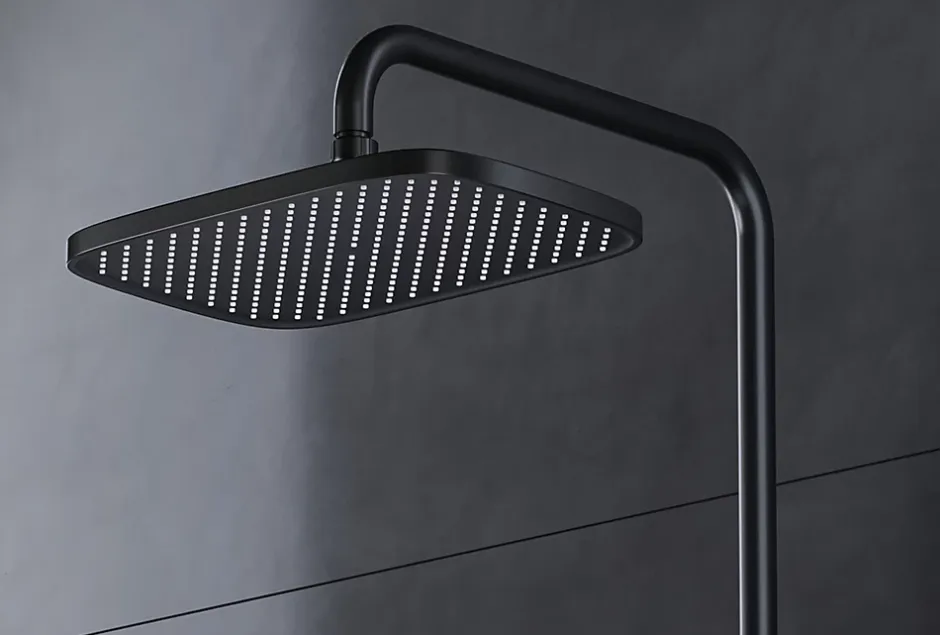 Bernstein Colonne de douche thermostatique hauteur réglable design + tablette acier inox + mitigeur et pommeau Carrés - Noir mat - BS371* Colonne De Douche Thermostatique