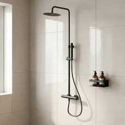 GoodHome Colonne de douche thermostatique + barre réglable + douchette + flexible, noir mat, Owens