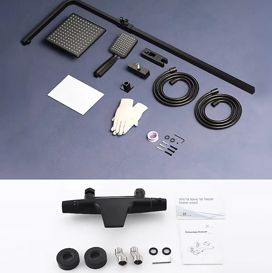 Homelody Colonne de Douche Thermostatique Noir Ensemble de Douche Robinet Cascade pour Baignoire Laiton Set de Douche Hauteur Réglable* Colonne De Douche Thermostatique