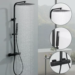Homelody Colonne de Douche Thermostatique Securite 38C Jet Pluie Hauteur Reglable 855 a 1105 mm Acier Inoxydable Noir pour Salle de Bain