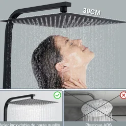 Homelody Colonne de Douche Thermostatique Securite 38C Jet Pluie Hauteur Reglable 855 a 1105 mm Acier Inoxydable Noir pour Salle de Bain