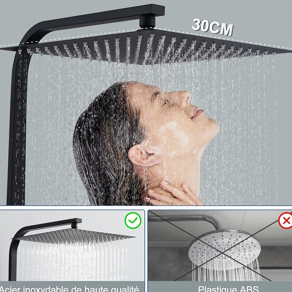 Homelody Colonne de Douche Thermostatique Securite 38C Jet Pluie Hauteur Reglable 855 a 1105 mm Acier Inoxydable Noir pour Salle de Bain